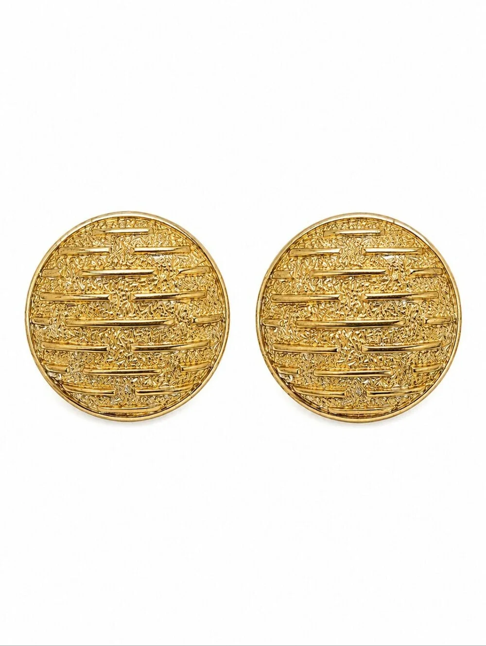 VTG TRIFARI Estate 1950s Atomic Goldtone Round Coin Textured Clip-on Earrings